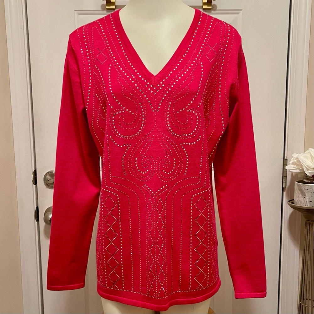 NWT QUESTIONS Hot Pink V-Neck Sweater with Crystal Studded Design MISSES LARGE